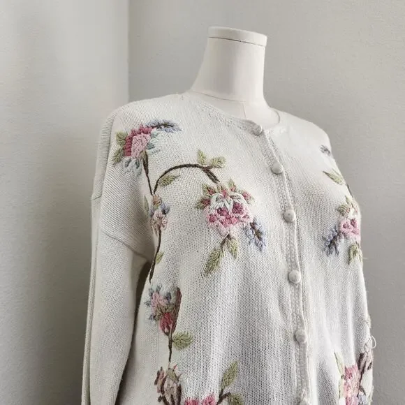 Vintage Bottega Verde Floral Embroidered Knit Cardigan Natural Fiber L - Picture 3 of 15